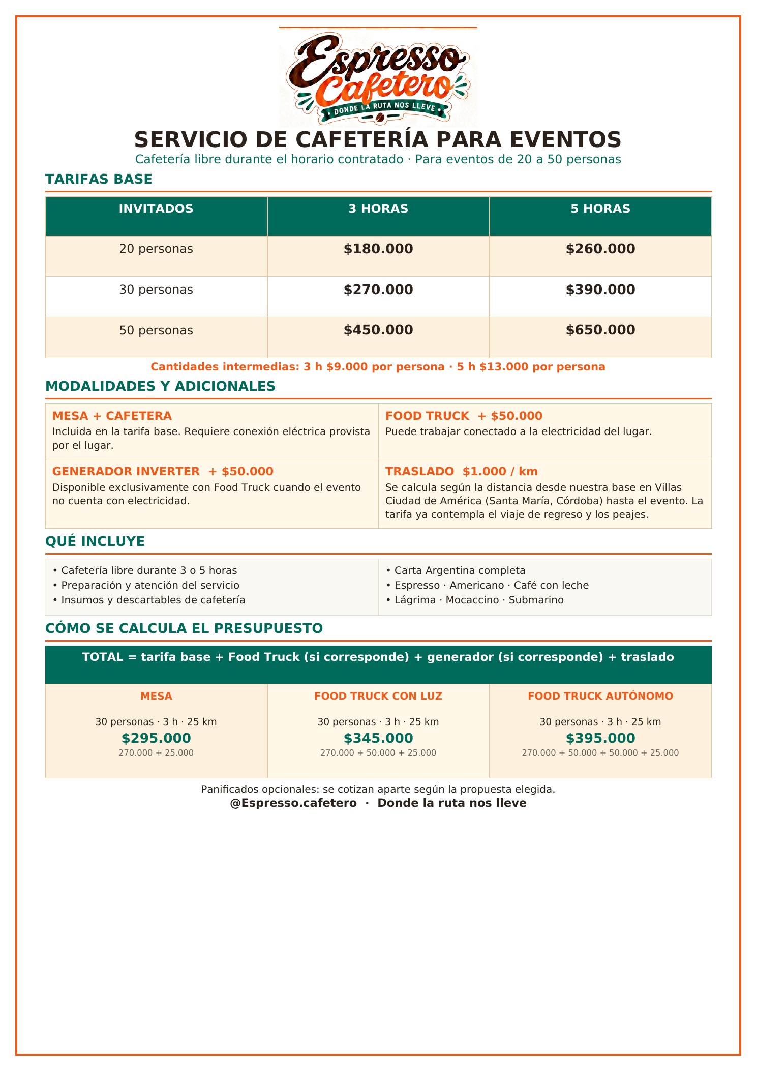 Tarifario original: 3 horas a $9.000 por persona, 5 horas a $13.000 por persona; mesa incluida; Food Truck y generador a $50.000 cada uno; traslado $1.000 por km. Incluye servicio e insumos y Carta Argentina.